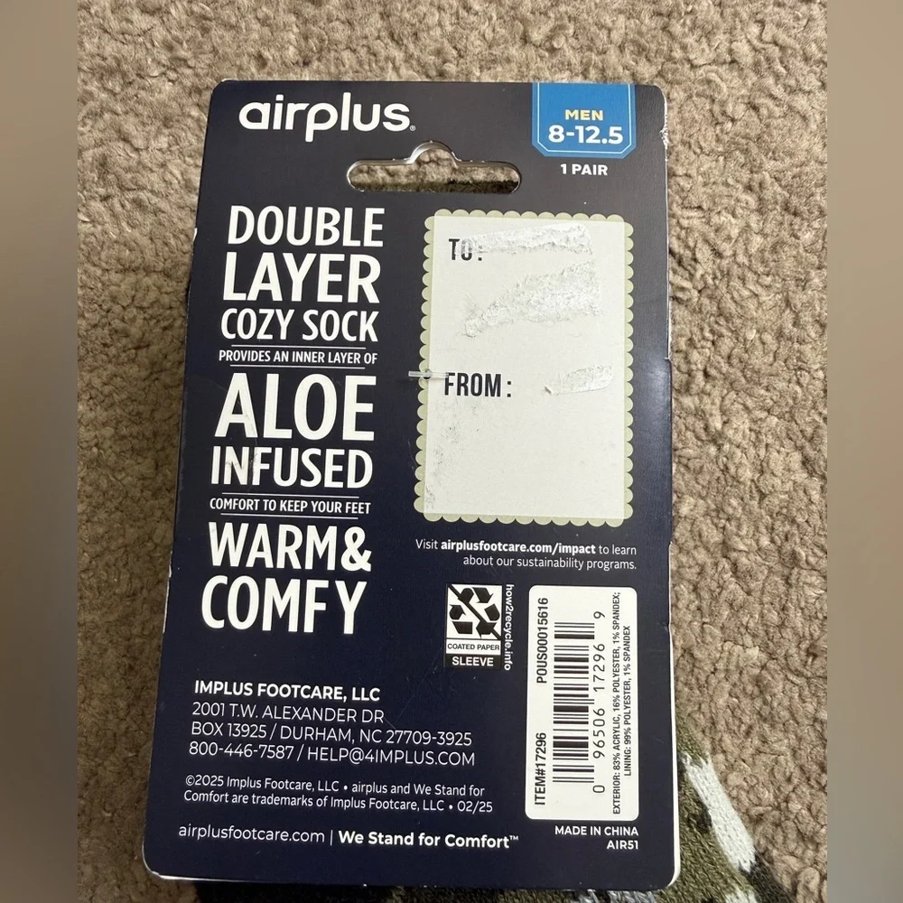 Airplus Men’s Double Layer Cozy Socks with Camouflage Design- size 8-12.5